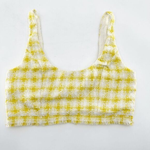 NBD Shawna Plaid Crop Top Women's Size S Yellow Scoop Neck Boho - Picture 2 of 4
